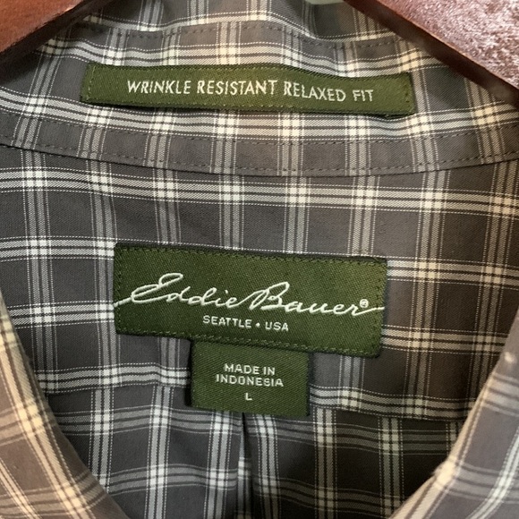 Eddie Bauer Wrinkle Resistant Long Sleeve Button Shirt Grey/White Plaid Large - Picture 5 of 11